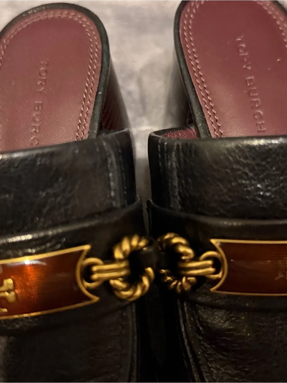 Tory Burch Black Leather Loafers with Gold Chain and Brown Enamel Plaque